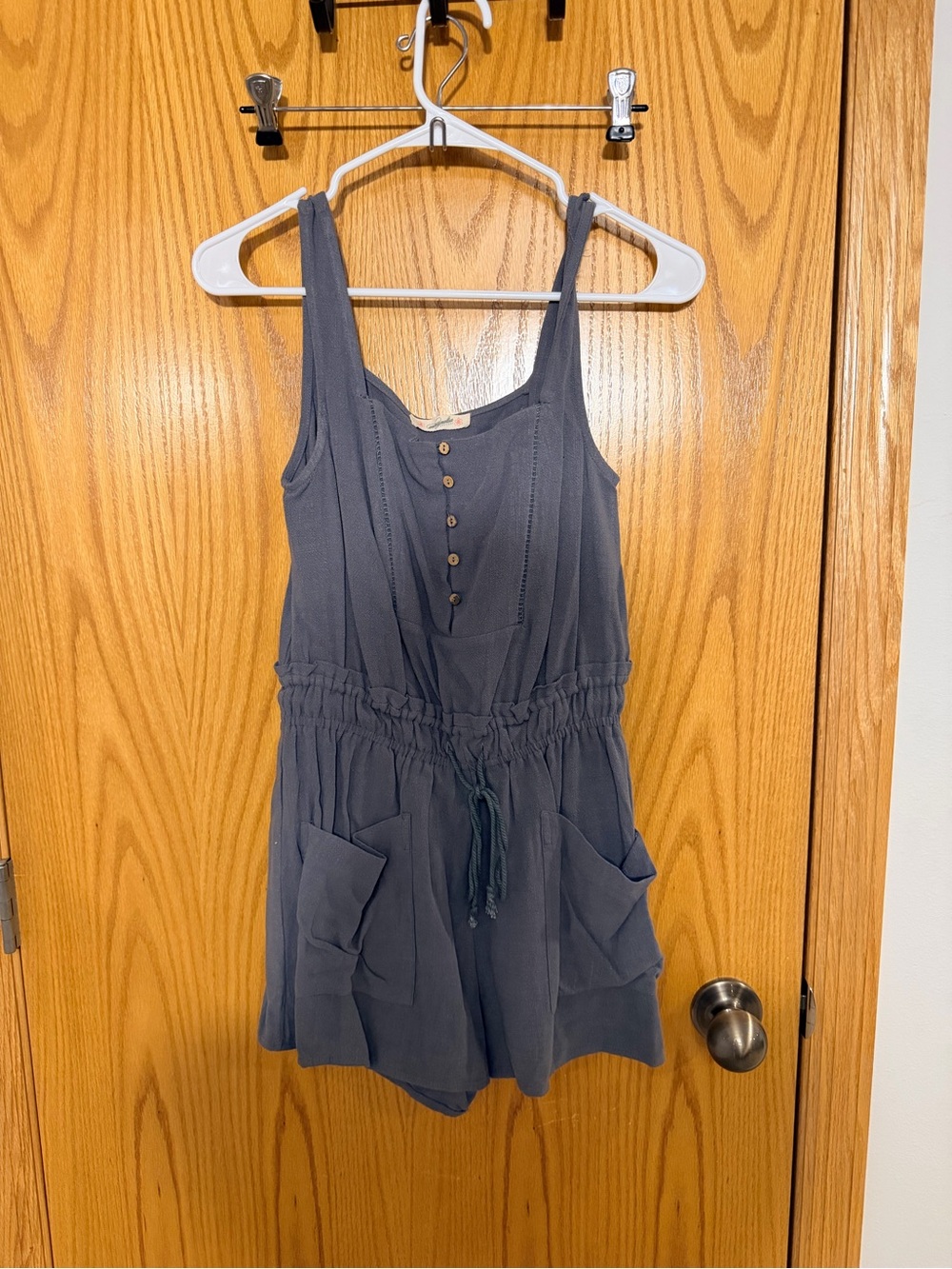 Sleeveless Button-Front Drawstring Romper in Slate gray